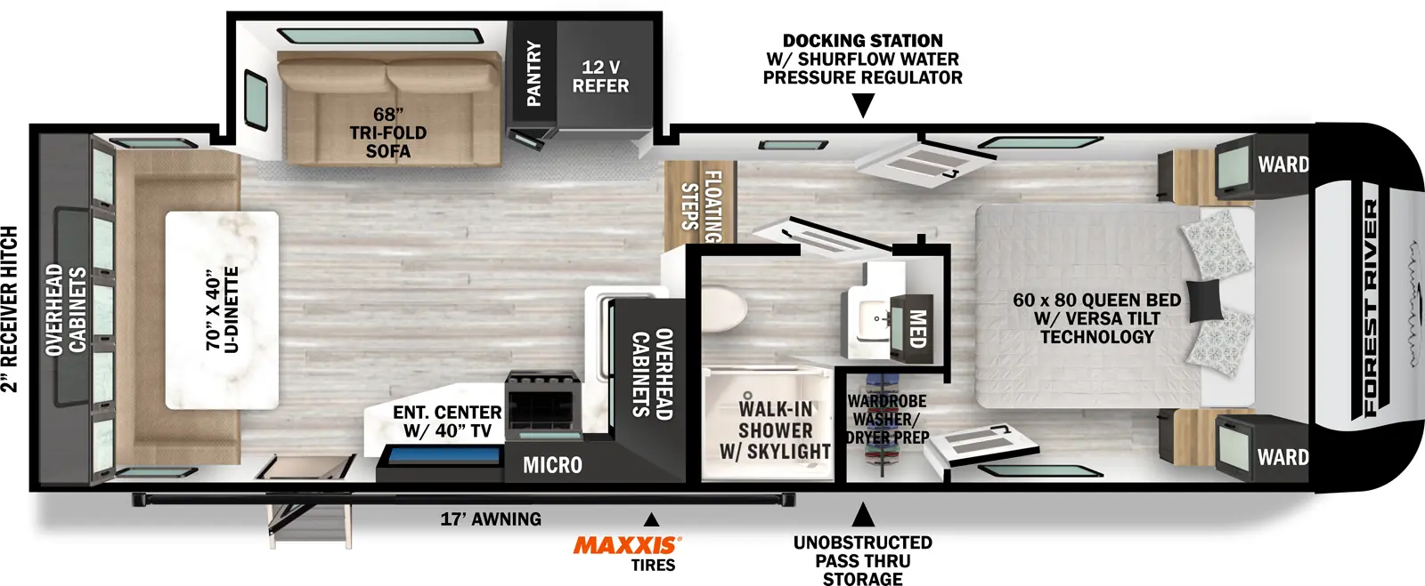 The Impression 242RD has one entry and one slide out. Exterior features include: fiberglass exterior and 17' awning. Interiors features include: u-dinette and front bedroom.